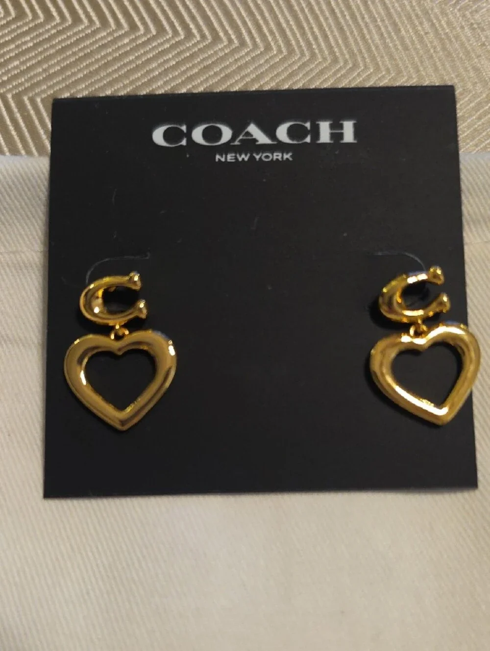 Coach Gold Heart Drop Earrings with Signature C Motif